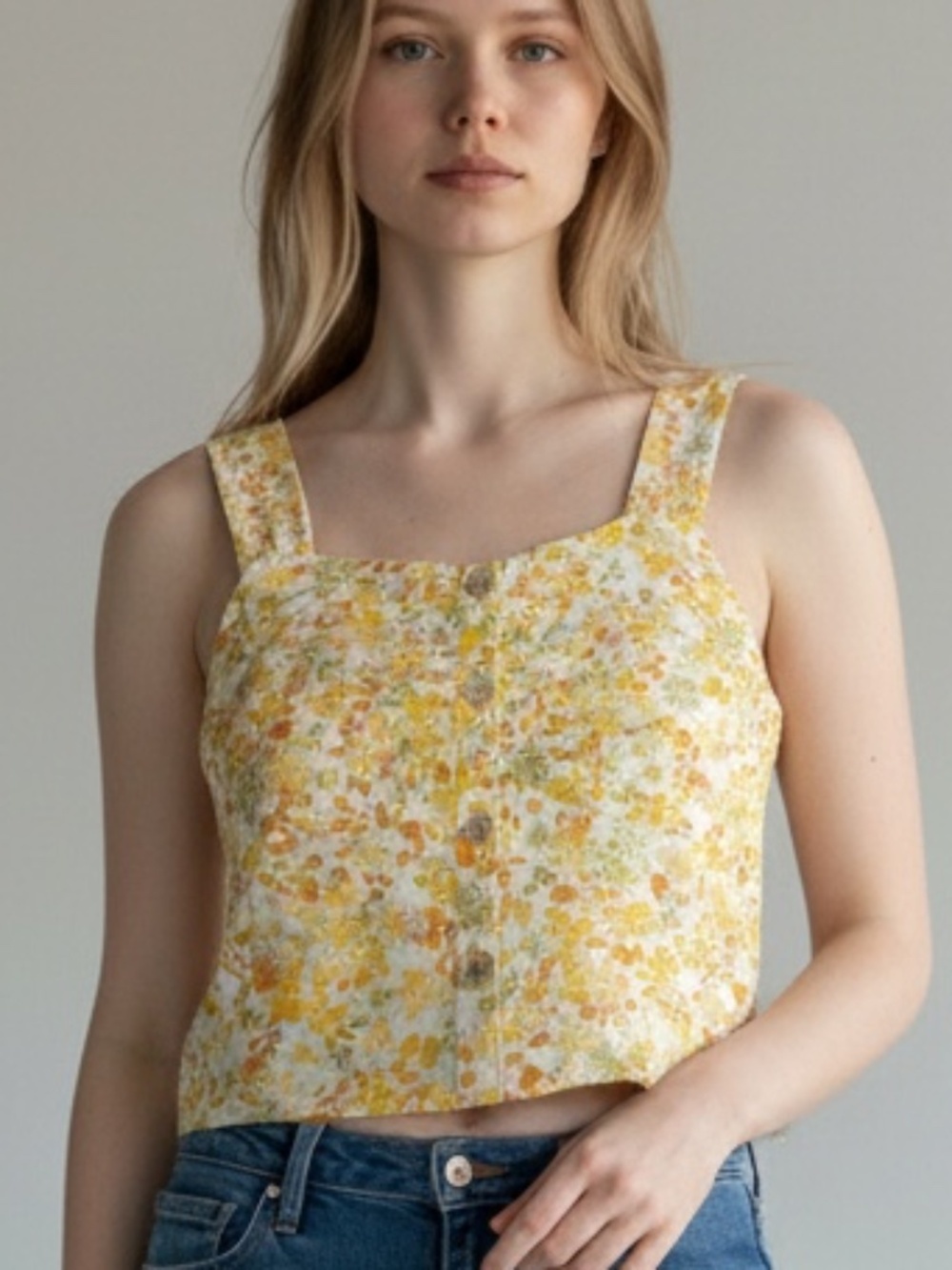 Monteau Los Angeles Yellow Floral Button Front Crop Cami Top Size Large